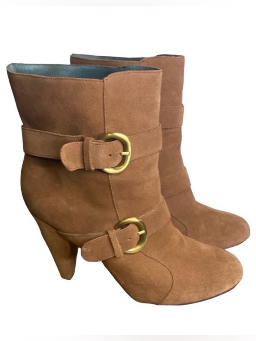 Pink Studio Tan Suede Leather Slouch Slip On Buckle Ankle Heeled Boots Size 10